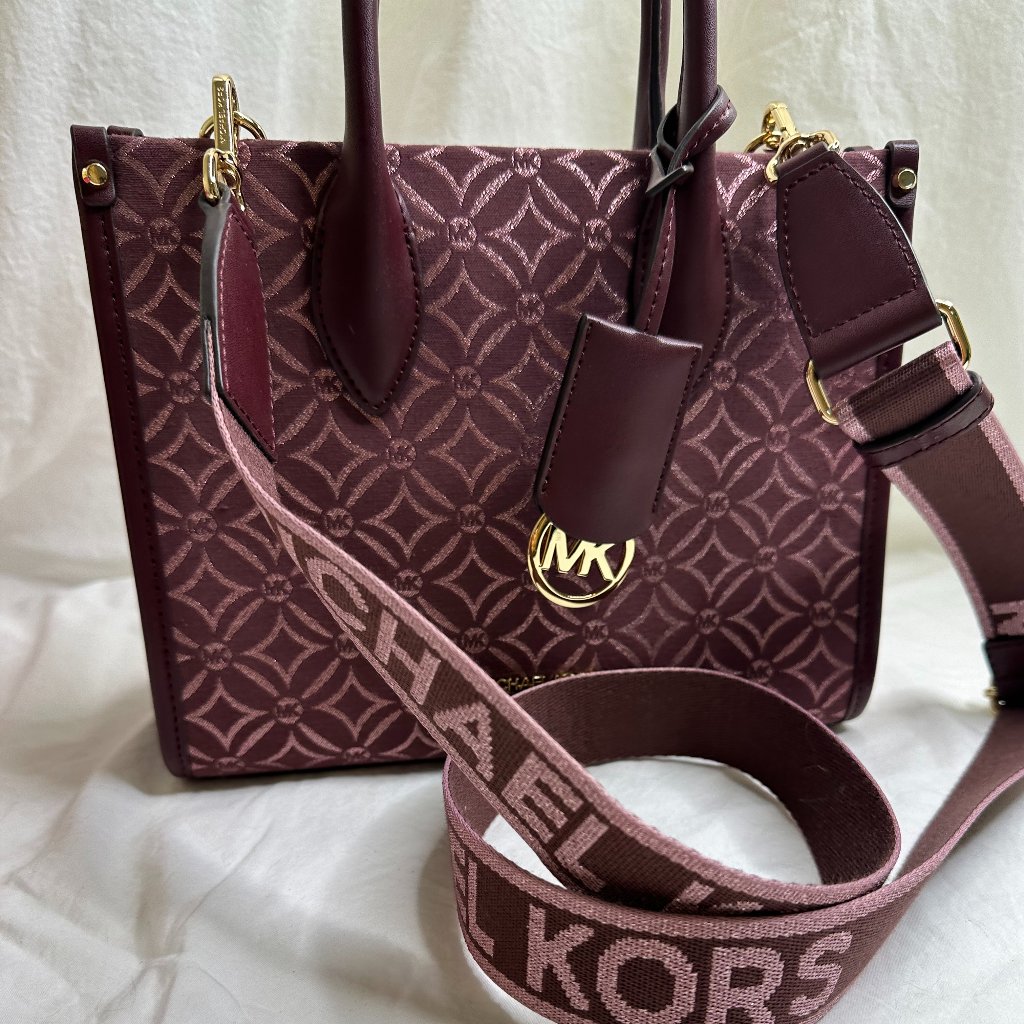 Michael Kors Mirella Small Metallic Logo Jacquard Crossbody Purse Oxblood